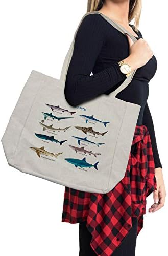 תיק קניות של Ambesonne Shark, סוגים של כרישים דפוס לווייתנים לווייתנים כלבים מכוסים עיצוב ימי ימי ימי,