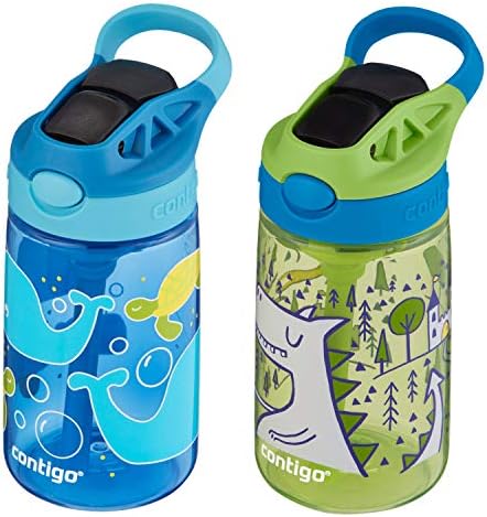 בקבוק מים נקי לילדים קונטיגו אוברי עם קש סיליקון ומכסה חסין נוזלים, בטוח למדיח כלים, 14 אונקיות 2 חבילות, לווייתנים
