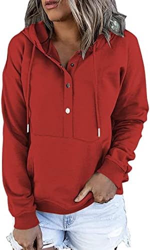 קפוצ'ונים בצבע אחיד מזדמן של נשים צמרות שרוול ארוך שרוול סוודר חולצה כפתור רופף למטה סווטשירט עם כיס