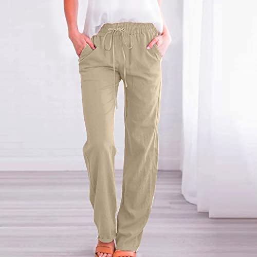 נשים של פשתן מכנסיים קיץ פרחוני הדפסת רחב רגל מכנסיים שרוך מותניים מחודד ארוך מכנסיים עם כיסים