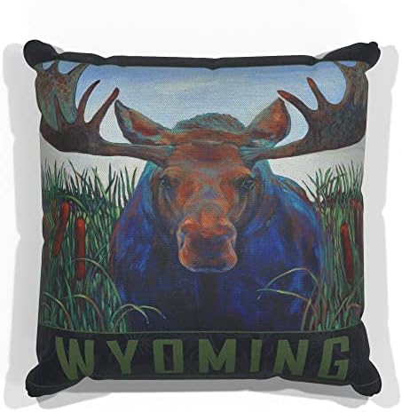 Wyoming Bull Moose Canvas זורק כרית לספה או לספה בבית ובמשרד מציור שמן מאת האמן קארי לר 18 x 18.