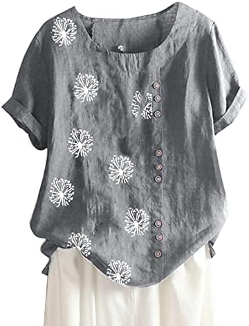 חולצת פשתן כותנה בגודל פלוס לנשים 2023 כפתור למטה חולצה קצרה חולצה צוואר צוואר צוואר טוניקה בסיסית טוני פרחים