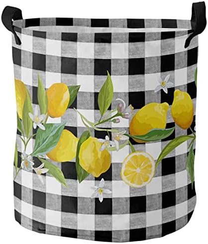פחי אחסון מכבסה של כביסה עם ידיות, פרוסות לימון צהובות בקיץ פרי הדרים פירות שחור באפלו משובץ בדיקת מים אטומים למים