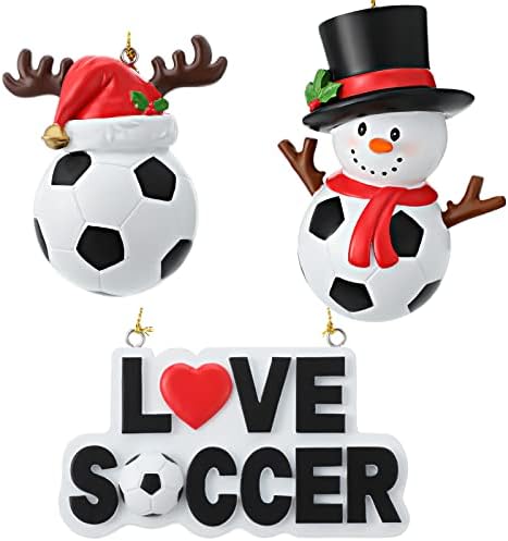 3 חלקים קישוט כדורגל לחג המולד 2021 תלוי כולל שרף שלג שלג כדורגל תלוי קישוט כדורגל תלייה עם איילים סנטה כובע אהבה
