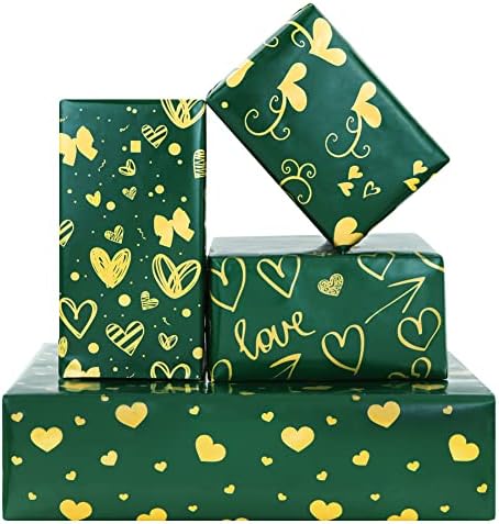 נייר עטיפת לב אהבה, 4 גיליונות מקופלים ירוק עם נייר עטיפת מתנה זהב נייר מלאכת דפוס אהבה עם סרט