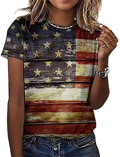 אמריקאי עץ דגל חולצות לנשים עגול צוואר קצר שרוול טי חולצה גרפי קיץ למעלה