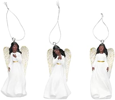 סט של 3 מלאך נשי אפרו -אמריקני לבנים וזהב עם שמלה זורמת עם שמלת חג המולד קישוטים - 3 מבט מגוון מתפלל