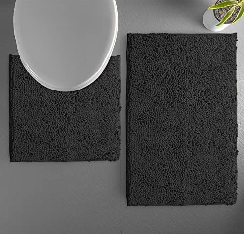 שטיחי אמבטיה שחורים מגדירים 2 חלקים, סט מחצלת אמבטיה יוקרתית, שטיח אמבטיה רך נגד החלקה + מחצלת