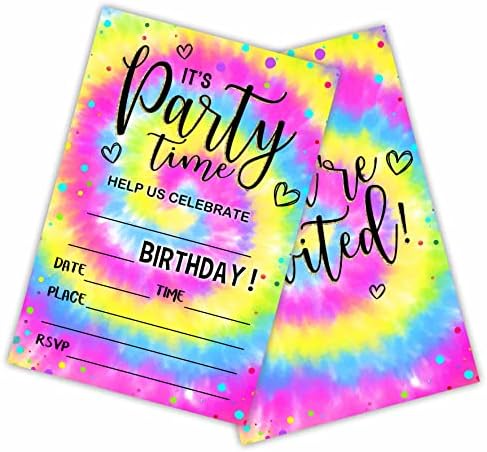 Awsice Tie Dye נושא הזמנות ליום הולדת, כרטיסי הזמנה למילוי דו צדדי למסיבת יום הולדת ， בנים, בנות, ילדים,