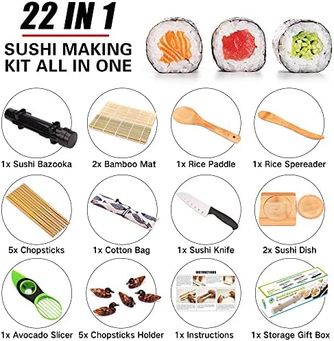 ערכת הכנת סושי למתחילים - 22 חלקים ערכת סושי עם סושי במבוק, מחצלת מתגלגלת, סושי בזוקה, סכין שף, מקלות