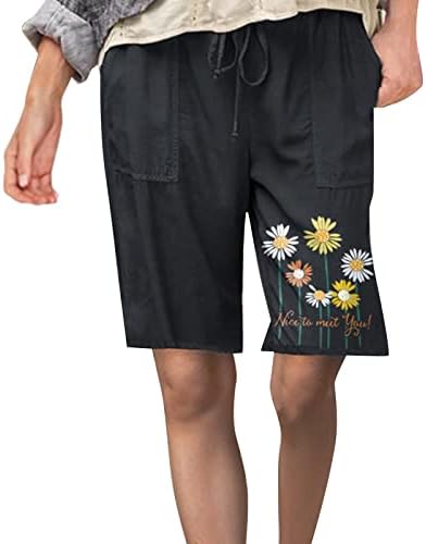 Grge beuu קיץ מכנסי כותנה לנשים קצרים מזדמנים מותניים מזדמנים אורך הברך הדפס פרחוני ברמודה מכנסיים קצרים עם