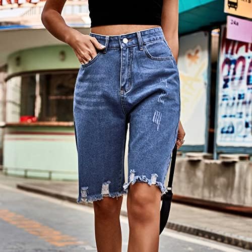 Qiguandz נשים טרנדיות א -סימטריות קרועות קרועות ג'ינס ברמודה קצרים קיץ מותניים גבוהים מזדמנים מזדמנים מכנסיים