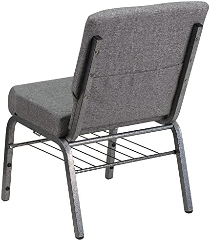 ריהוט פלאש סדרת הרקולס 21 כיסא כנסייה מבד אפור עם מתלה ספרים-מסגרת וריד כסף