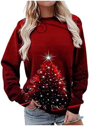 נצנצים נשים חג המולד עץ גרפיקה חולצות מזדמנים שרוול ארוך רופף סווטשירטים סווטשירטים חג מולד שמח טוניקה