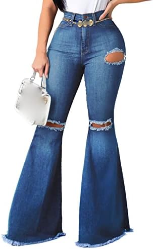 מכנסי ג'ינס קרועים קלאסיים של נשים מכנסיים ג 'יינס מותניים גבוהים במותניים במותניים, הרסו מכנסי ג'ין רגל רחבה