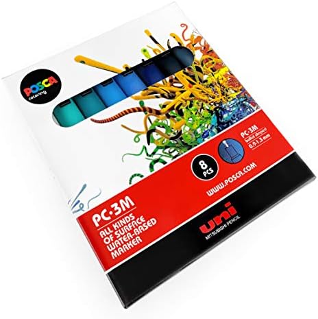 UNI -BALL POSCA - PC -3M סמני צבע אמנות - סט של 8 - בתיבת מתנה - גווני אוקיינוס