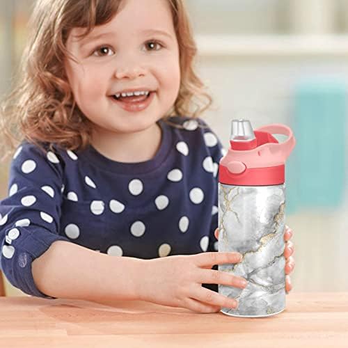 ATTX אפור מרקם שיש זהוב בקבוק מים לילדים עם מכסה קש, 12 OZ מפלדת אל חלד מבודדת כוסית לשימוש חוזר להוכחת