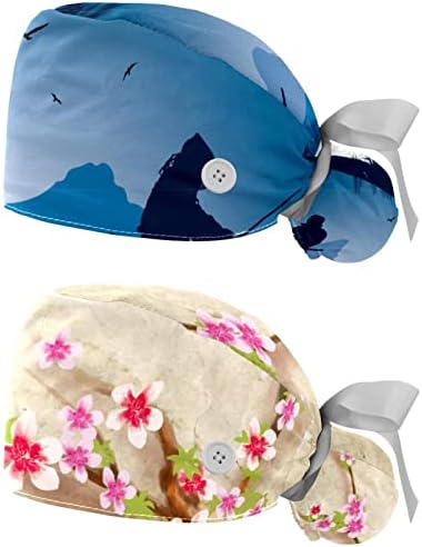 2 חתיכות יפניות צבעי מים ורוד דפוס עלה מייפל כובע עבודה עם כפתורים כובע קרצוף מתכוונן עם שיער מחזיק קוקו