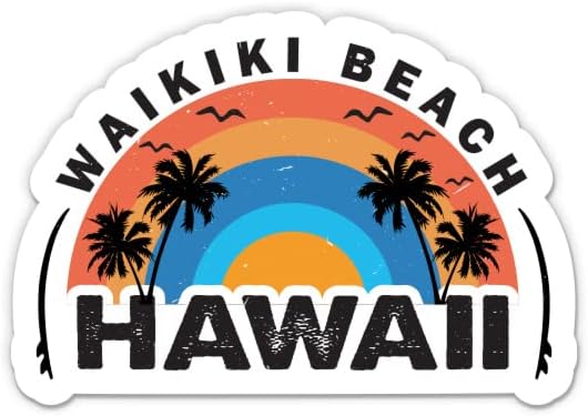 מדבקה הוואי של Waikiki Beach - מדבקת מחשב נייד 3 אינץ ' - ויניל אטום למים לרכב, טלפון, בקבוק מים - מדבקות גלישה