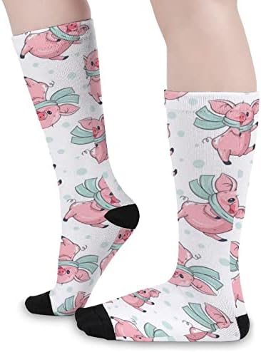 חזירי קריקטורה חמודים מודפסים צבע תואם גרביים אתלטי ברך גרביים גבוהים לנשים