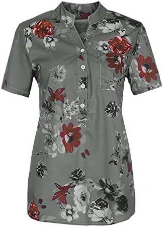 חולצות קיץ של yubnlvae לנשים שרוול קצר כושר רופף כפתורי S-5xL למטה פרחוני טרנדי פרחוני V צוואר צוואר צוואר