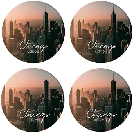 Chicago Cityscape, Joyride Home Décor 4 תחתיות קרמיקה, חופי משקה מעגל בגודל 4 אינץ ', סט של 4, פקק לא החלקה,