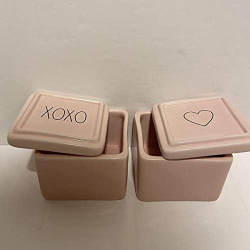 Rae Dunn Xoxo + תכשיטי לב מיני קופסא קופסה של 2 - ורוד - יום האהבה - קרמיקה - 3 x 2.5 אינץ '