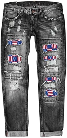 אישה על מכנסיים נשים ג 'ינס עצמאות יום הדפסת קרע מכנסיים מטען ז' אן מכנסיים לנשים