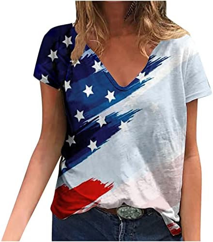 חולצות שרוול קצר נער נער צלילה מחשוף סטרץ 'בלוק בלוק בלוק דגל אמריקאי חולצות טירט חולצות נשים CD