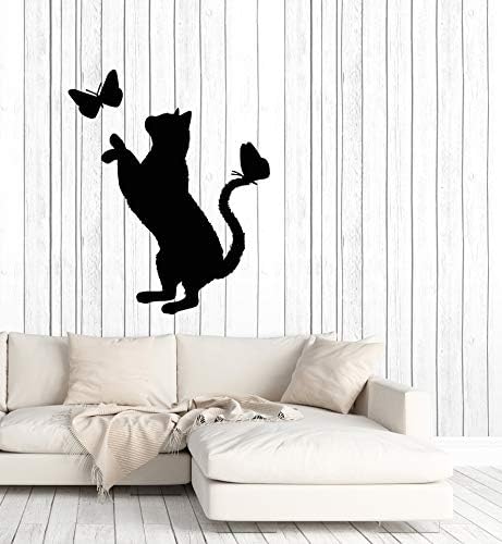 מדבקות קיר ויניל גדולות חתול חמוד עם פרפרים חיות מחמד בית ילדים במשתלת מדבקות מדבקות קיר שחור