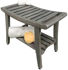 ספסל מקלחת מעץ טיק הרמוני 24 עם מדף וזרועות ליפטייד בגימור אפור קוקינה