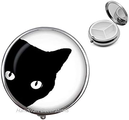 שחור חתול זכוכית גלולת מקרה.קופסת גלולות חתול שחור.תכשיטי חתול שחור, מתנת יום הולדת קופסא גלולת חתול שחור, אביזרי