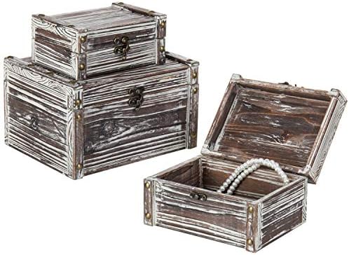 קופסת דקורטיבית עץ עץ מעץ, מתכת חזה אחסון קינון קטן עם מנעול תפס עתיק, סט 3 חלקים