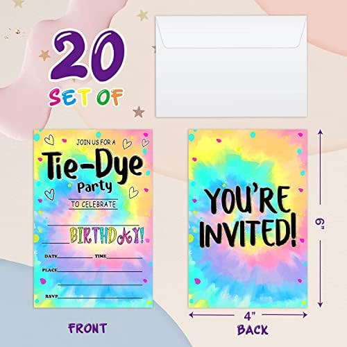 WUAWAN 20 הזמנות למסיבת TIE DIGH הזמנות ליום הולדת עם מעטפות, מילוי נושא אמנות - בהזמנה של יום