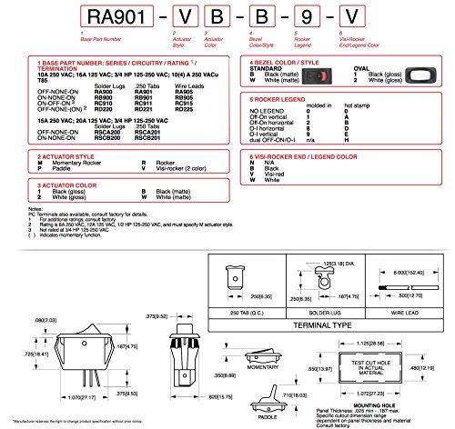 Carling Technologies RA901-VB-B-9-V X4 מתג, Rocker, SPST, 16A, 250V, שחור