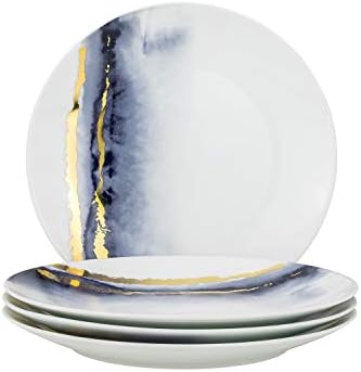 ערכת אוכל של חרסינה של יורו 12 חלקים כחולים, כלי שולחן משובחים סין עם שירות מבטא צלחות זהב 24K עבור 4
