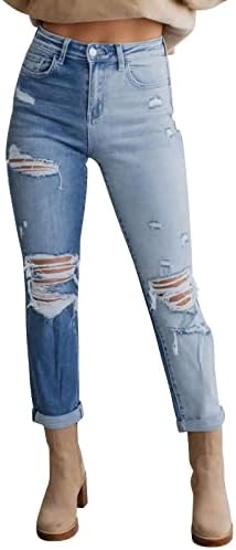 מיאשוי גודל 12 נשים של מוצק צבע ישר חור גבוהה מותן אלסטי דק ג 'ינס ז' אן מכנסיים לנשים קרע