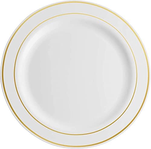 מונפיקס 60 חתיכה פלסטיק מסיבת צלחות לבן זהב רים, 30 פרימיום כבד החובה 10.25 אינץ ארוחת ערב צלחות