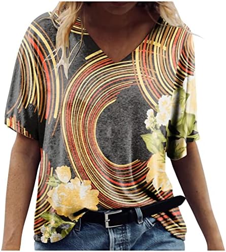 חולצת טריקו קיץ לנשים 2023 אופנה קיץ סקסי צווארון V קפל מודפס נשים רגילות