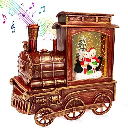 Turnmeon מוזיקלי רכבת חג המולד מוארת שלג גלובוס פנס תפאורה, איש שלג 8 שירים טיימר USB או סוללה המופעלת