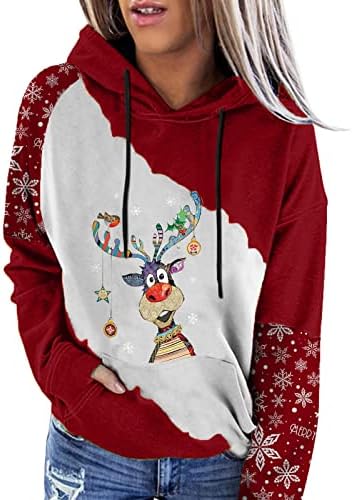 קפוצ'ונים לחג המולד לנשים סוודר פתית שלג חמודה חג המולד צבע חסימת שרוול ארוך חולצה סווטשירט עם