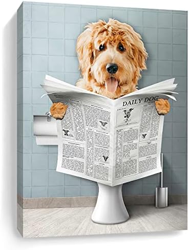 עיצוב אמבטיה של כלב חמוד 16x20 'רטריבר זהוב חמוד על קריאת שירותים עיתון קיר אמנות קיר מצחיק כלב