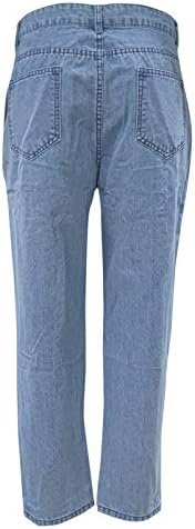 מכנסי ג'ינס של כפתור עם כיסים טרנדיות מותניים רחבות טרנדיות מכנסי חור אלסטיים מכנסיים ג'ינס ג'ינס