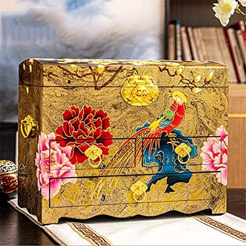XJJZS קופסת תכשיטים וינטג 'בסגנון סיני קיבולת גדולה שלוש שכבות קופסת תכשיטים עם מתנת חתונה מנעול