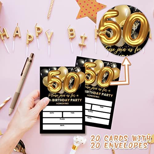 כרטיסי הזמנות למסיבת יום הולדת 50, הזמנת יום הולדת למבוגרים בשחור וזהב, הזמנת מילוי בלון זהב דו צדדי מזמין