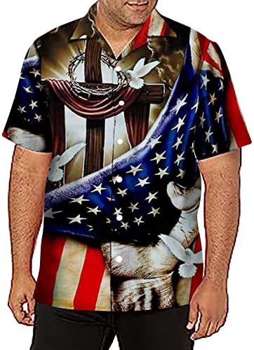 2023 חולצת גברים חדשה קיץ תלת מימד הדפס יום עצמאות יום דגל אמריקאי כפתור שרוול קצר מזדמן שזוף שרוול