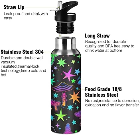 פטריות וכוכבים גולפי בקבוק מים צבעוני עם מכסה קש, ללא BPA, 32 עוז בקבוקי מים מבודדים נירוסטה, לבית ספר, משרד,