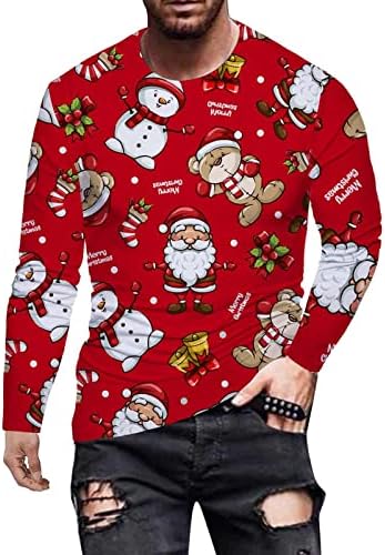 מעצב T מעצבים של Wocachi Mens 2022 חג המולד מצחיק תלת מימד הדפסת שרוול ארוך חולצה חג המולד דק -כושר צמרות