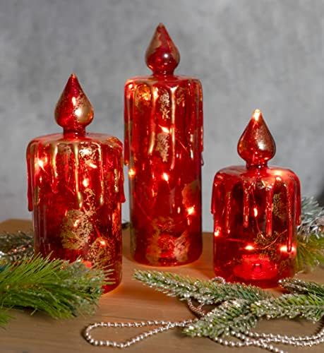 חברת רד. קישוטי פסלון נרות דקורטיביים מזכוכית לחג המולד עם נורות לד, עונת החגים המוארת דסקור-אדום מלכותי עם