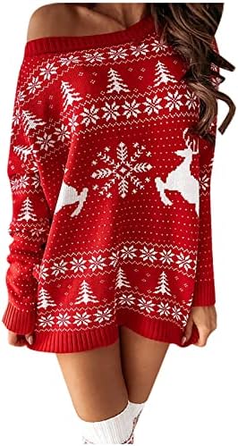 נשים גולף ארוך שרוול סוודר שמלת חג המולד מכוער איל מודפס טוניקת שמלה לסרוג רזה בכושר